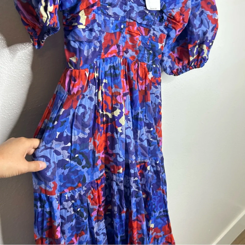 NWT Ro's Garden 100% Cotton Blue Red Floral Puff Sleeve Nieves Maxi Dress Small